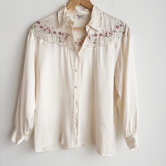 Vintage Baby Angel Silk Floral Embroidered Long Sleeve Blouse S - Picture 2 of 8